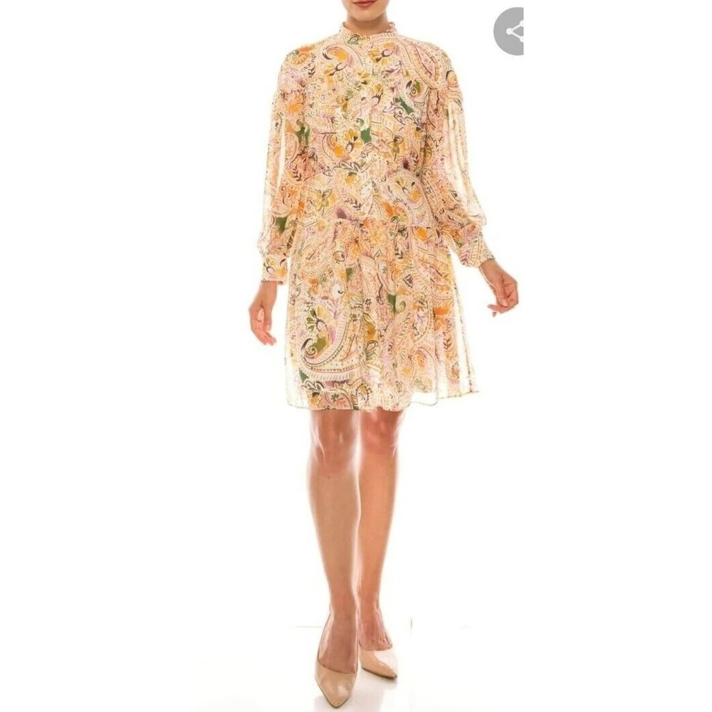 Donna Morgan Orange Floral Print EMMA Dress NWT Sz 6 MSRP $118, Drop Skirt Vneck